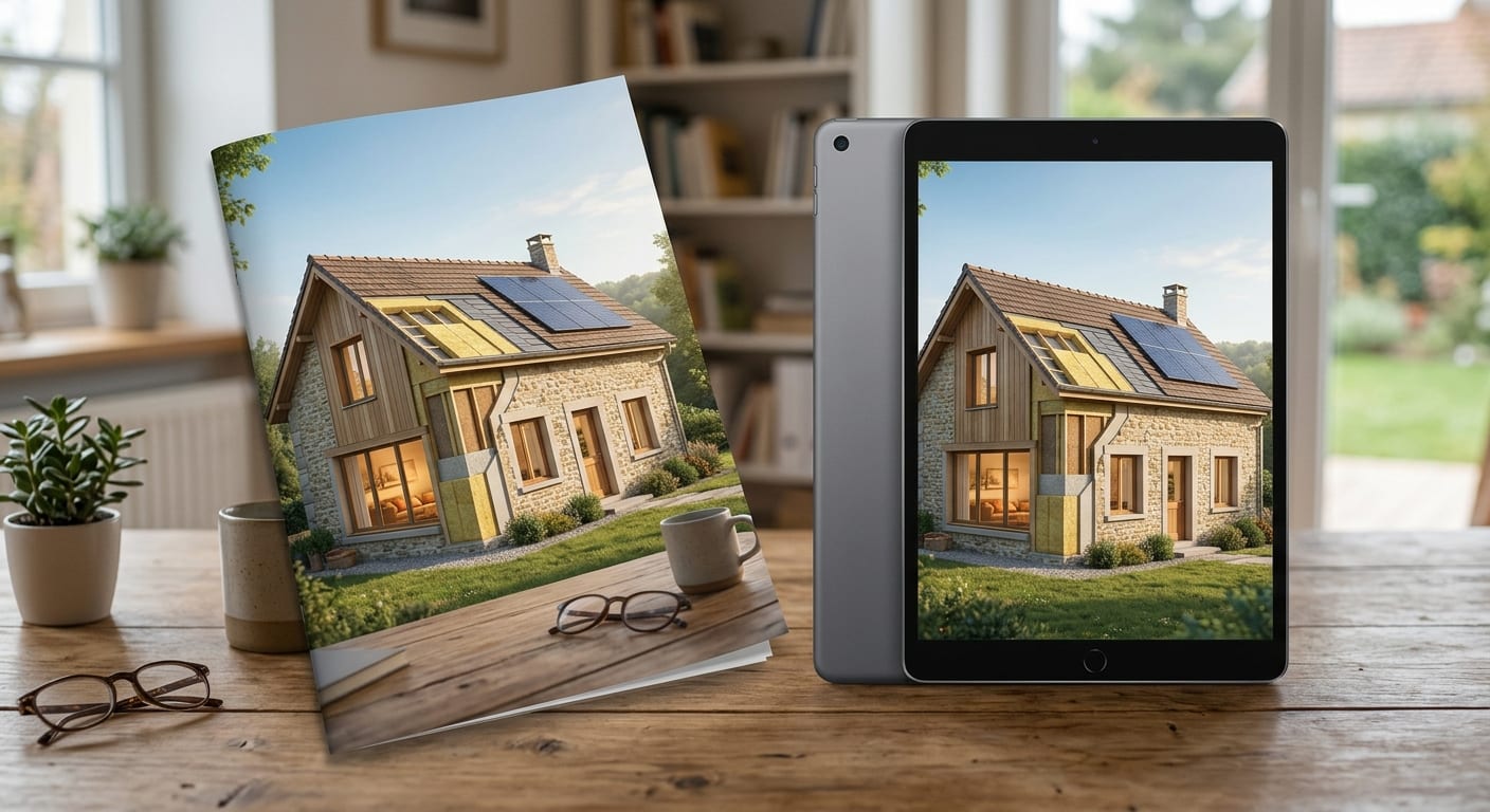 Aperçu de la couverture du guide papier et tablette présentant les méthodes d'isolation thermique pour l'habitat