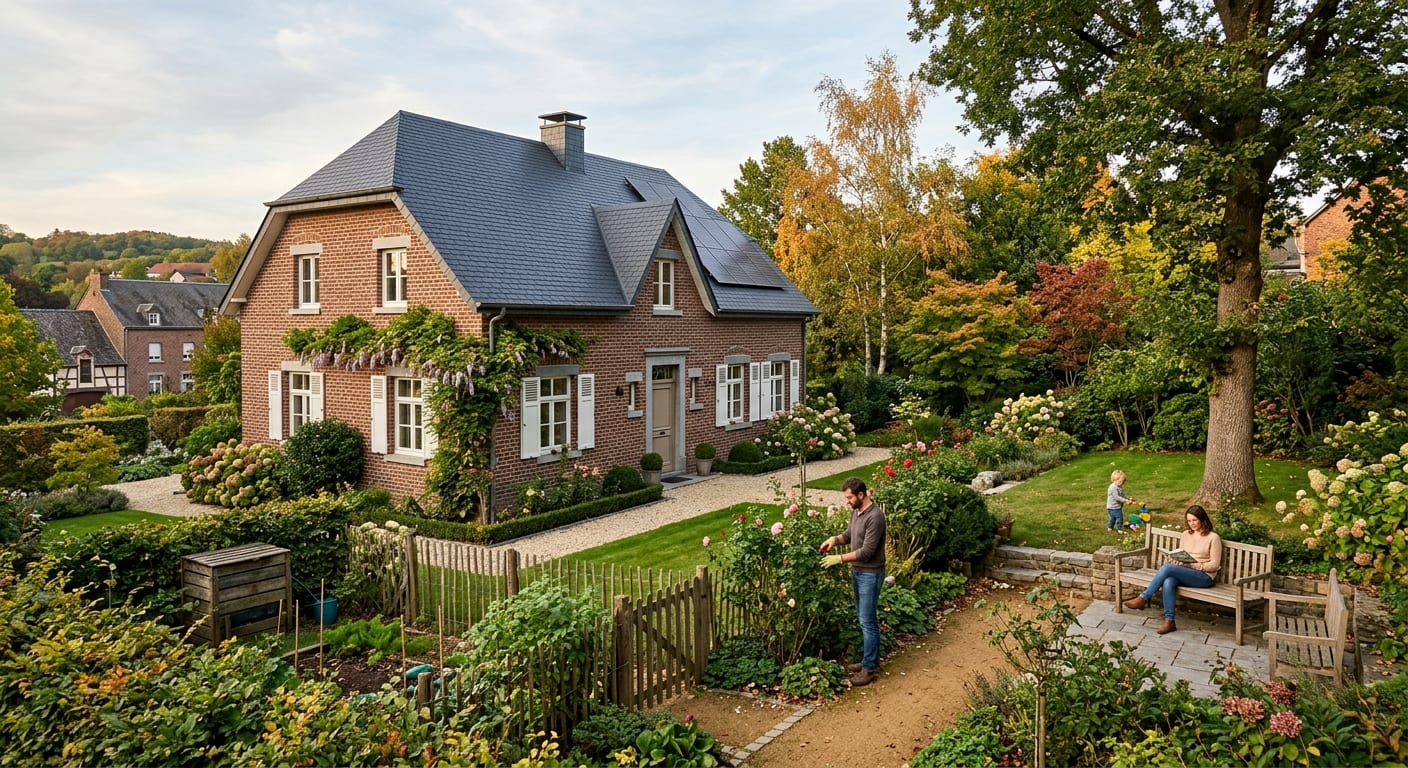 Maison unifamiliale traditionnelle en briques en Wallonie avec une toiture bien entretenue et un jardin arboré